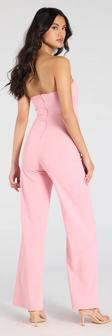 Step out in the Sultry Babe Strapless Corset Wide-Leg Jumpsuit, a pink jumpsuit made to elevate your vibe from brunch to after-dark plans with ease and polish.