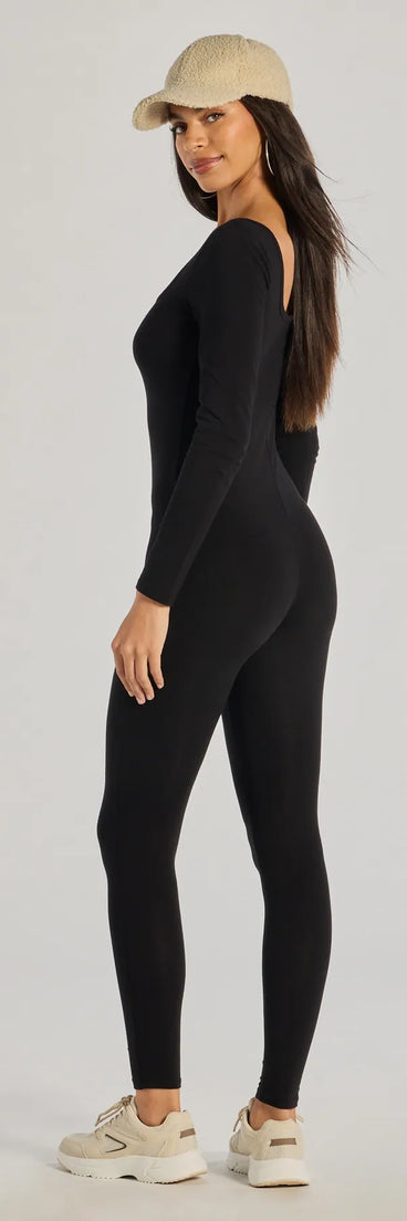 The Cozy Up Long Sleeve Knit Jumpsuit is a trendy women's bottom in black, designed with modern details and alluring textures to complete chic outfits for 2025.