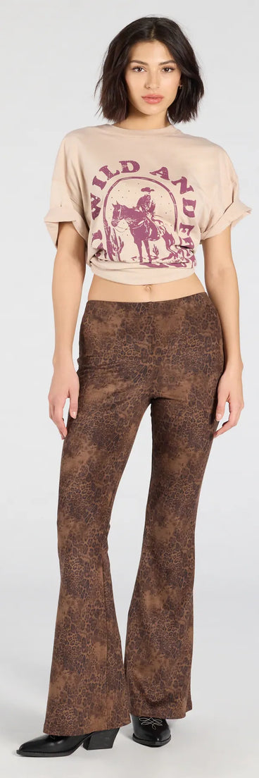 Create bold, fashion-forward looks for any event or for your page with the Sassy Trend Leopard Faux Suede Flare Pants in brown, a must-have piece from Windsor’s collection of stylish bottoms for women.