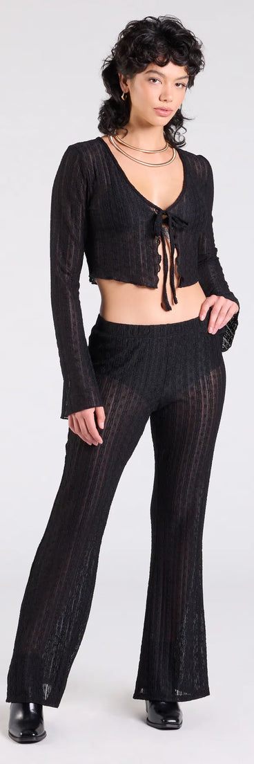 Serve effortless style and scroll-stopping energy in the Bohemian Chic Sheer Lace Flare Pants, part of a black matching clothing set that does the work for you with bold, polished vibes from top to bottom.