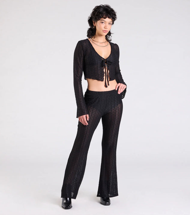Serve effortless style and scroll-stopping energy in the Bohemian Chic Sheer Lace Flare Pants, part of a black matching clothing set that does the work for you with bold, polished vibes from top to bottom.