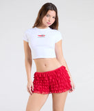 Create bold, fashion-forward looks for spring or summer with the Chic Fairytale Tiered Lace Hot Shorts in red, a must-have piece from Windsor’s collection of stylish bottoms for women.