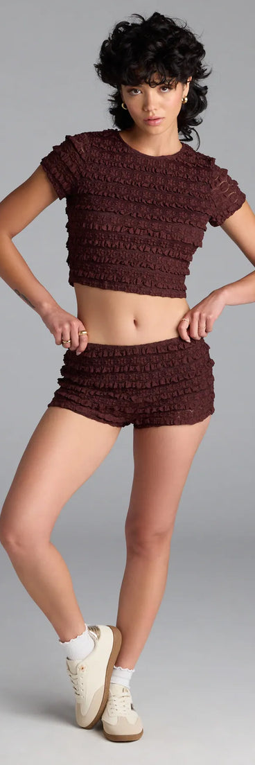 Serve effortless style and scroll-stopping energy in the Good At Being Bad Lace Hot Shorts, part of a brown matching clothing set that does the work for you with bold, polished vibes from top to bottom.