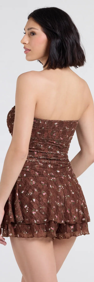 With its easy fit and flirty cut, the Smell The Roses Strapless Floral Lace Romper is a brown one-piece that brings fun, freedom, and movement to your weekend look.