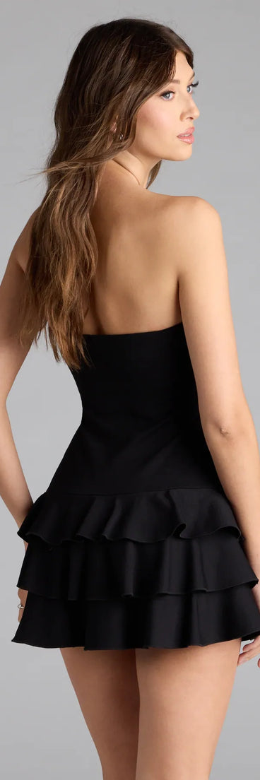 With its easy fit and flirty cut, the Trendy Attitude Strapless Ruffled Skater Romper is a black one-piece that brings fun, freedom, and movement to your weekend look.