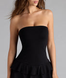 Choosing a black romper like the Trendy Attitude Strapless Ruffled Skater Romper means you’re ready for anything—no outfit planning needed, just style, go, and glow.