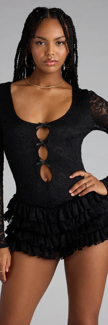 Make getting ready easy with the Want Me Back Lace Long Sleeve Romper in black, a playful one-piece perfect for brunch dates, weekend plans, or vacation vibes.