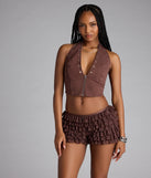 Designed for campus outfits, sleek workwear, and on-the-go moments, the So Fab Ruffled Lace Hot Shorts are trendy brown bottoms for women bringing effortless fall versatility.