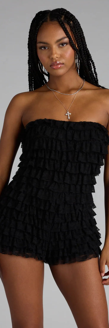 Make getting ready easy with the For The Frill Of It Lace-Up Ruffled Romper in black, a playful one-piece perfect for brunch dates, weekend plans, or vacation vibes.