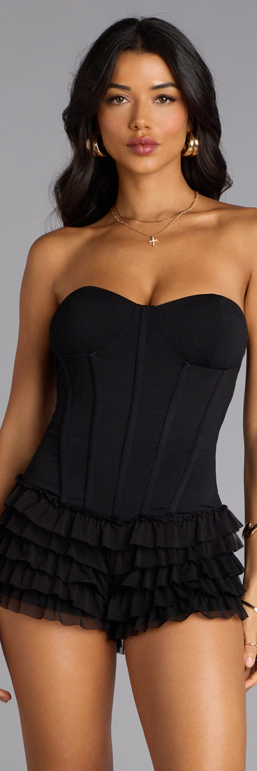 Make a fall statement in the Playful Trouble Lace-Up Ruffle Romper, a closet must-have among fall bottoms for women.