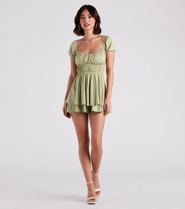 RONRON ♥ SHEER LAYERED SHORT SLEEVE /追跡付 Flirty Style Ruched Romper | Windsor