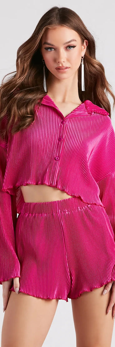 Just A Crush Satin Pleated Top And Shorts Set