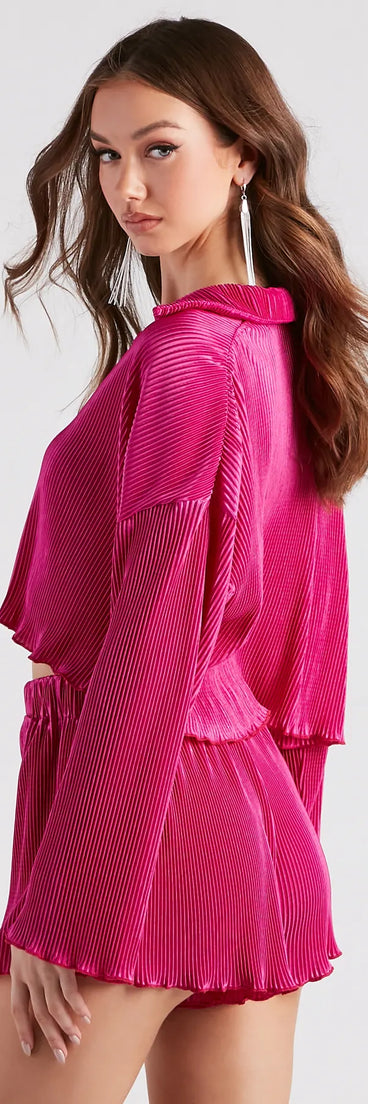 Just A Crush Satin Pleated Top And Shorts Set