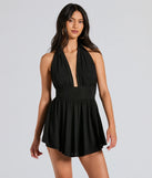 Create bold, fashion-forward looks for spring or summer with the 50s Icon Halter Plunge Neck Skater Romper in black, a must-have piece from Windsor’s collection of stylish bottoms for women.