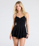 Create bold, fashion-forward looks for spring or summer with the One Take V-Neck Ruffle Skater Romper in black, a must-have piece from Windsor’s collection of stylish bottoms for women.