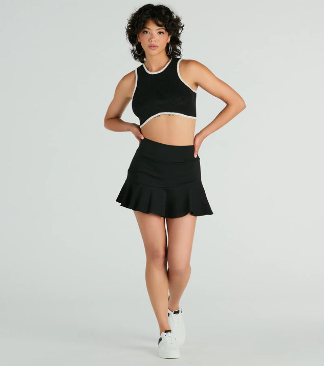 The Sensational Sight High-Rise Ruffle Mini Skort in black brings edge and energy to your vibe, ready to elevate any festival look or concert outfit.