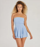 Revamp your 2025 wardrobe with this chic addition, the Always Shimmering Strapless Glitter Ruffle Romper in light blue, perfect for elevating your style in the new year.