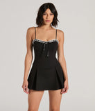 Perfect as a dress alternative for a New Year's outfit, wedding guest attire, and cocktail party dress alike, the Classy Yet Sassy Lace Trim Pleat Ponte Skater Romper is a women's black romper that combines a stylish, unique design with festive colors and holiday-ready details for a standout look!