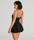 Perfect as a dress alternative for a New Year's outfit, wedding guest attire, and cocktail party dress alike, the Classy Yet Sassy Lace Trim Pleat Ponte Skater Romper is a women's black romper that combines a stylish, unique design with festive colors and holiday-ready details for a standout look!