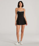 Perfect as a dress alternative for a New Year's outfit, wedding guest attire, and cocktail party dress alike, the Classy Yet Sassy Lace Trim Pleat Ponte Skater Romper is a women's black romper that combines a stylish, unique design with festive colors and holiday-ready details for a standout look!