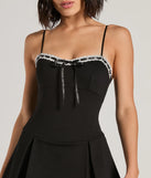Perfect as a dress alternative for a New Year's outfit, wedding guest attire, and cocktail party dress alike, the Classy Yet Sassy Lace Trim Pleat Ponte Skater Romper is a women's black romper that combines a stylish, unique design with festive colors and holiday-ready details for a standout look!