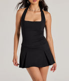 Perfect as a dress alternative for a date-night outfit, wedding guest attire, and cocktail party dress alike, the Cheers To Chic Sleeveless Ponte Pleated Romper is a women's black romper that combines a stylish, unique design with festive colors and on-trend details for a standout look!