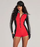 Perfect as a dress alternative for a New Year's outfit, wedding guest attire, and cocktail party dress alike, the Turbo Circuit Racer Checkered Romper is a women's red romper that combines a stylish, unique design with festive colors and holiday-ready details for a standout look!