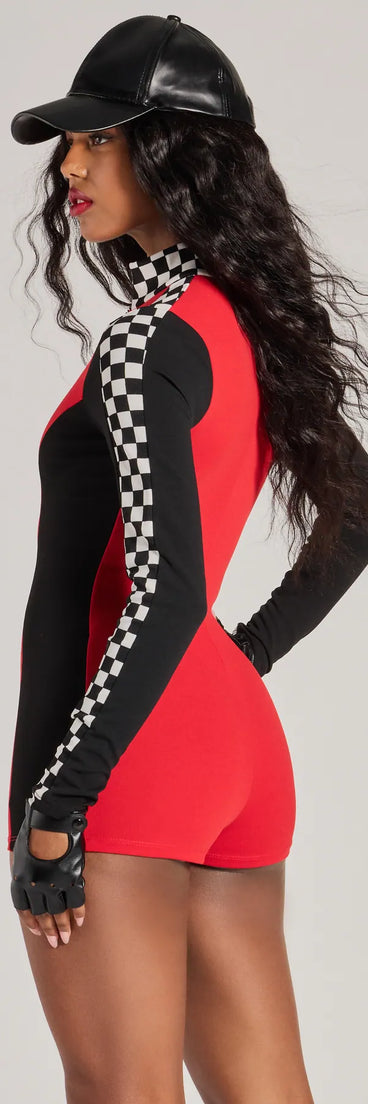 Perfect as a dress alternative for a New Year's outfit, wedding guest attire, and cocktail party dress alike, the Turbo Circuit Racer Checkered Romper is a women's red romper that combines a stylish, unique design with festive colors and holiday-ready details for a standout look!