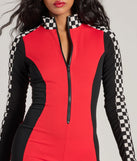 Perfect as a dress alternative for a New Year's outfit, wedding guest attire, and cocktail party dress alike, the Turbo Circuit Racer Checkered Romper is a women's red romper that combines a stylish, unique design with festive colors and holiday-ready details for a standout look!
