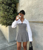 The Sweet Perception Strapless Plaid Pleated Romper is a trendy women's bottom in gray, designed with modern details and alluring textures to complete chic outfits for 2025.