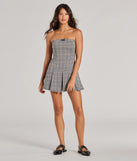 The Sweet Perception Strapless Plaid Pleated Romper in gray is a women's workwear essential with an elevated fabric and chic silhouette, ideal for layering and versatile enough to take your look from office chic to going-out ready!