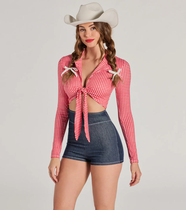 Perfect as a dress alternative for a New Year's outfit, wedding guest attire, and cocktail party dress alike, the Rodeo Cowgirl Gingham Tie-Front Romper is a women's red romper that combines a stylish, unique design with festive colors and holiday-ready details for a standout look!