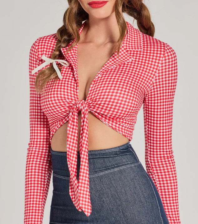 【BAON】Leomin Frill String Check Wind Jumper Rodeo Cowgirl Gingham Tie-Front Romper | Windsor