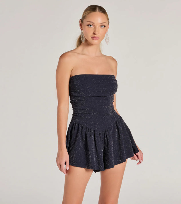 Perfect as a dress alternative for a New Year's outfit, wedding guest attire, and cocktail party dress alike, the Sparkly Mood Glitter Drop Waist Skater Romper is a women's navy romper that combines a stylish, unique design with festive colors and holiday-ready details for a standout look!
