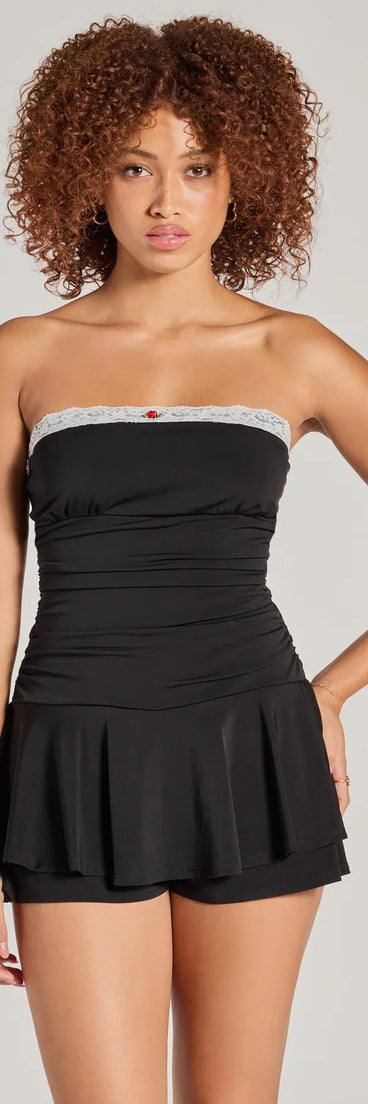 Perfect as a dress alternative for a date-night outfit, wedding guest attire, and cocktail party dress alike, the One of a Kind Rosette Lace Romper is a women's black romper that combines a stylish, unique design with festive colors and on-trend details for a standout look!