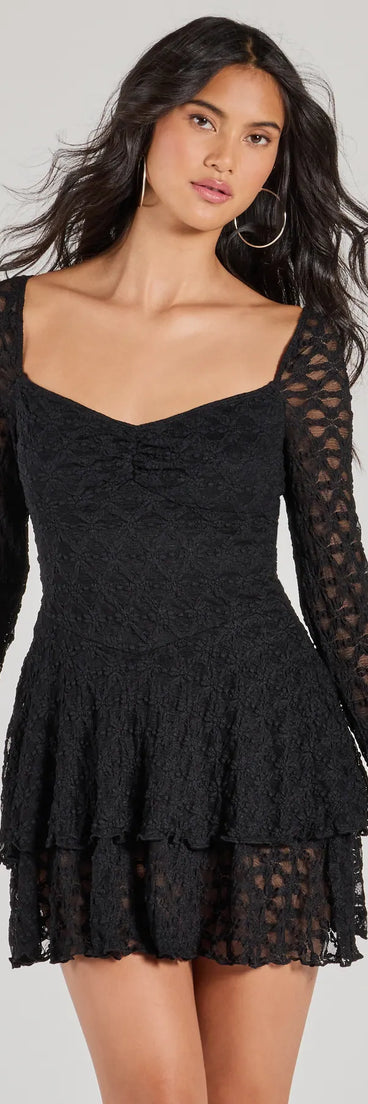 Perfect as a dress alternative for a date-night outfit, wedding guest attire, and cocktail party dress alike, the Feel The Romance Long Sleeve Lace Skater Romper is a women's black romper that combines a stylish, unique design with festive colors and on-trend details for a standout look!