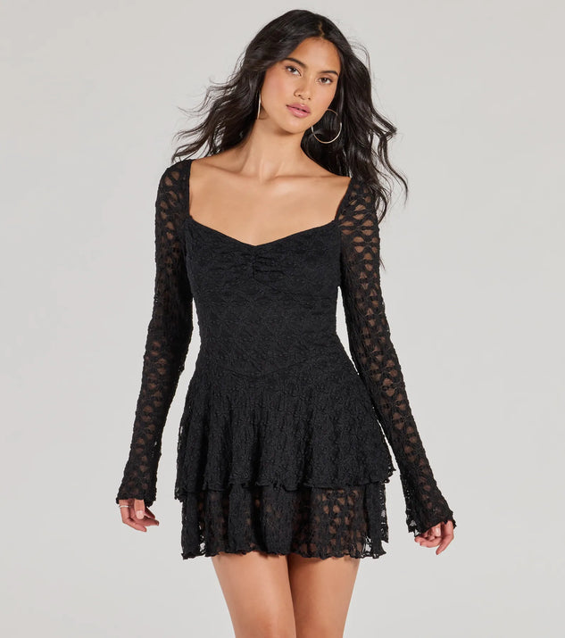 Perfect as a dress alternative for a date-night outfit, wedding guest attire, and cocktail party dress alike, the Feel The Romance Long Sleeve Lace Skater Romper is a women's black romper that combines a stylish, unique design with festive colors and on-trend details for a standout look!