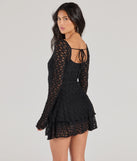 The Feel The Romance Long Sleeve Lace Skater Romper is a trendy women's bottom in black, designed with modern details and alluring textures to complete chic outfits for 2025.