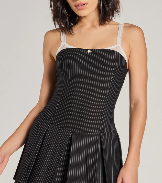 Chicest Look Pinstripe Pleated Drop Waist Romper | Windsor