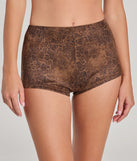 The Sassy Chic Leopard Print Faux Suede Hot Shorts is a trendy women's bottom in brown, designed with modern details and alluring textures to complete chic outfits for 2025.