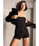 With flirty movement and built-in comfort, the Popstar Diva Strapless Rhinestone Romper in black is your one-and-done fit for dancing, posing, and catching looks.