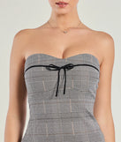 The Adorable Factor Plaid Strapless Drop Waist Romper is a trendy women's bottom in black, designed with modern details and alluring textures to complete chic outfits for 2025.