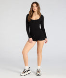 Create bold, fashion-forward looks for spring or summer with the Chill With Me Long Sleeve Square Neck Knit Romper in black, a must-have piece from Windsor’s collection of stylish bottoms for women.