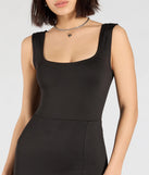 Create bold, fashion-forward looks for spring or summer with the Laid Back Cutie Square Neck Slit Romper in black, a must-have piece from Windsor’s collection of stylish bottoms for women.