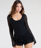 Make a bold statement in the Timeless Romance Open Back Lace Romper in black, the perfect spring dress for weddings, cocktail hours, nights out, and/or seasonal celebrations.