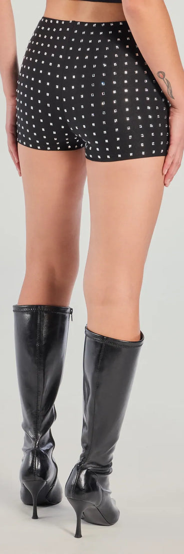 The Glam Glow Rhinestone Hot Shorts is a trendy women's bottom in black, designed with modern details and alluring textures to complete chic outfits for 2025.