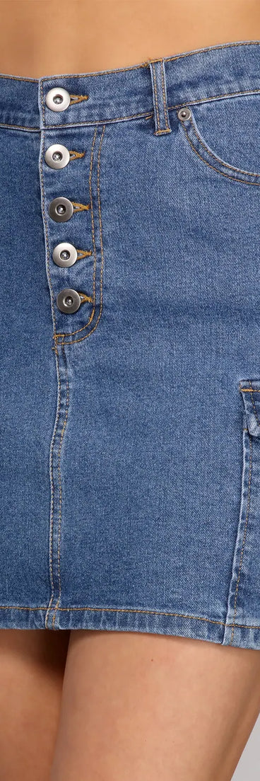 Button Up Cargo Denim Mini Skirt