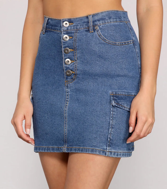 Button Up Cargo Denim Mini Skirt