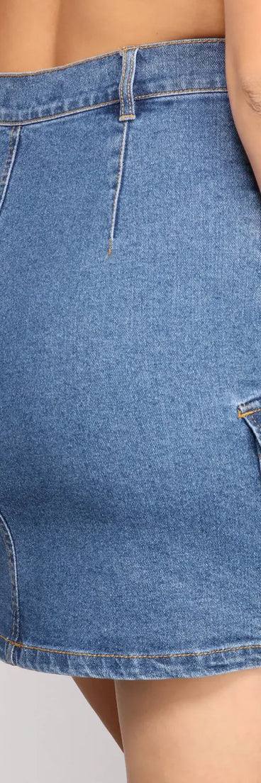 Button Up Cargo Denim Mini Skirt
