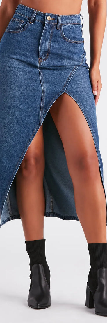 Elevate the Game Denim Slit Midi Skirt